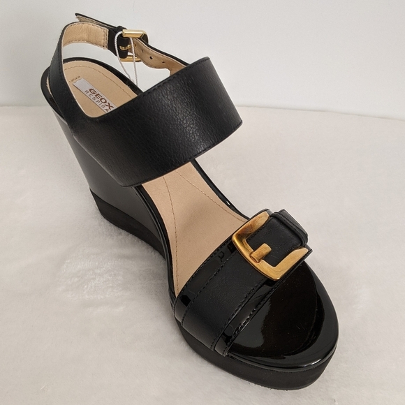 Geox Respira Sandal Leather Patent Buckle Open Toe Black Wedge 9.5 EU39.5 NWT - Picture 6 of 15